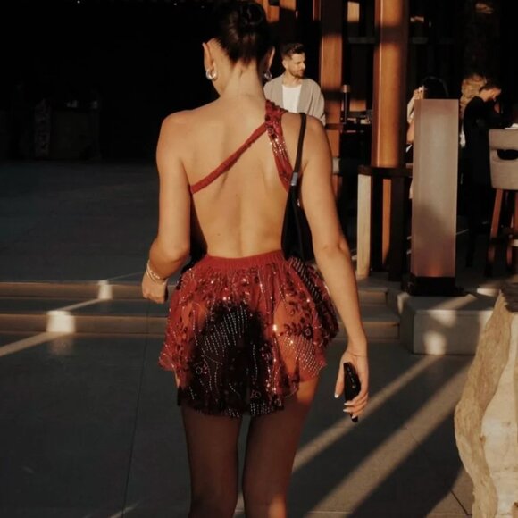 Elizi Swim red sequin open back top and skirt set. - Picture 4 of 6